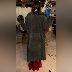 Black suede leather Faux Fur Trim Long Coat - Women's Jacket